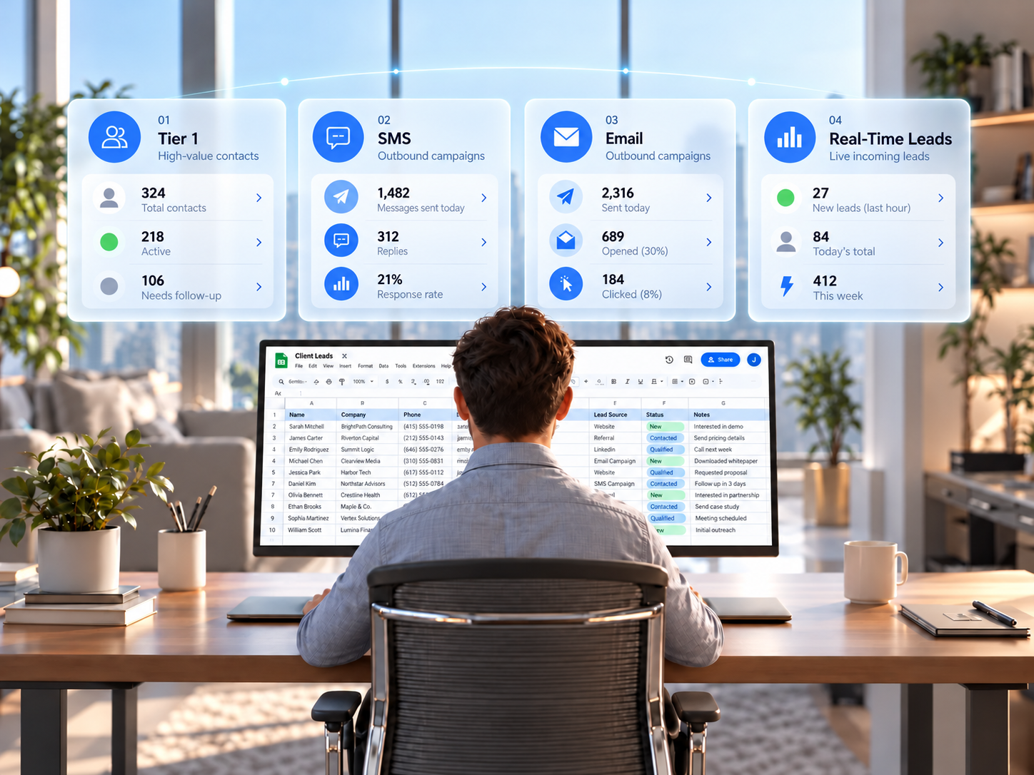 AEM Data CRM dashboard workspace with Tier 1, Tier 2, submissions, position leads, SMS and email files, legal filings, and real-time leads