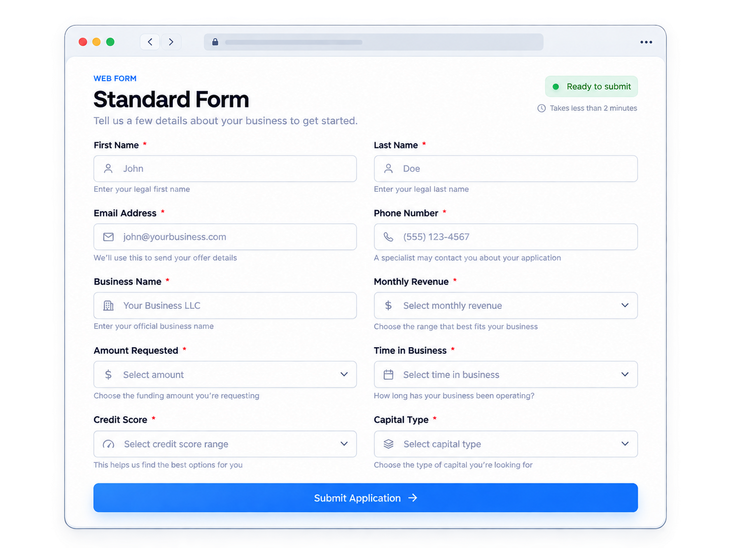 Standard business web form